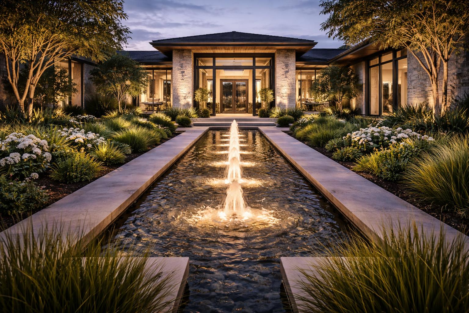 Fonte ornamental iluminada integrada à arquitetura
